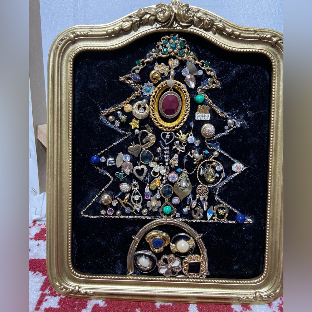 OOAK Handmade Framed Vintage & Modern Costume Jewelry Christmas Tree Mosaic Art.